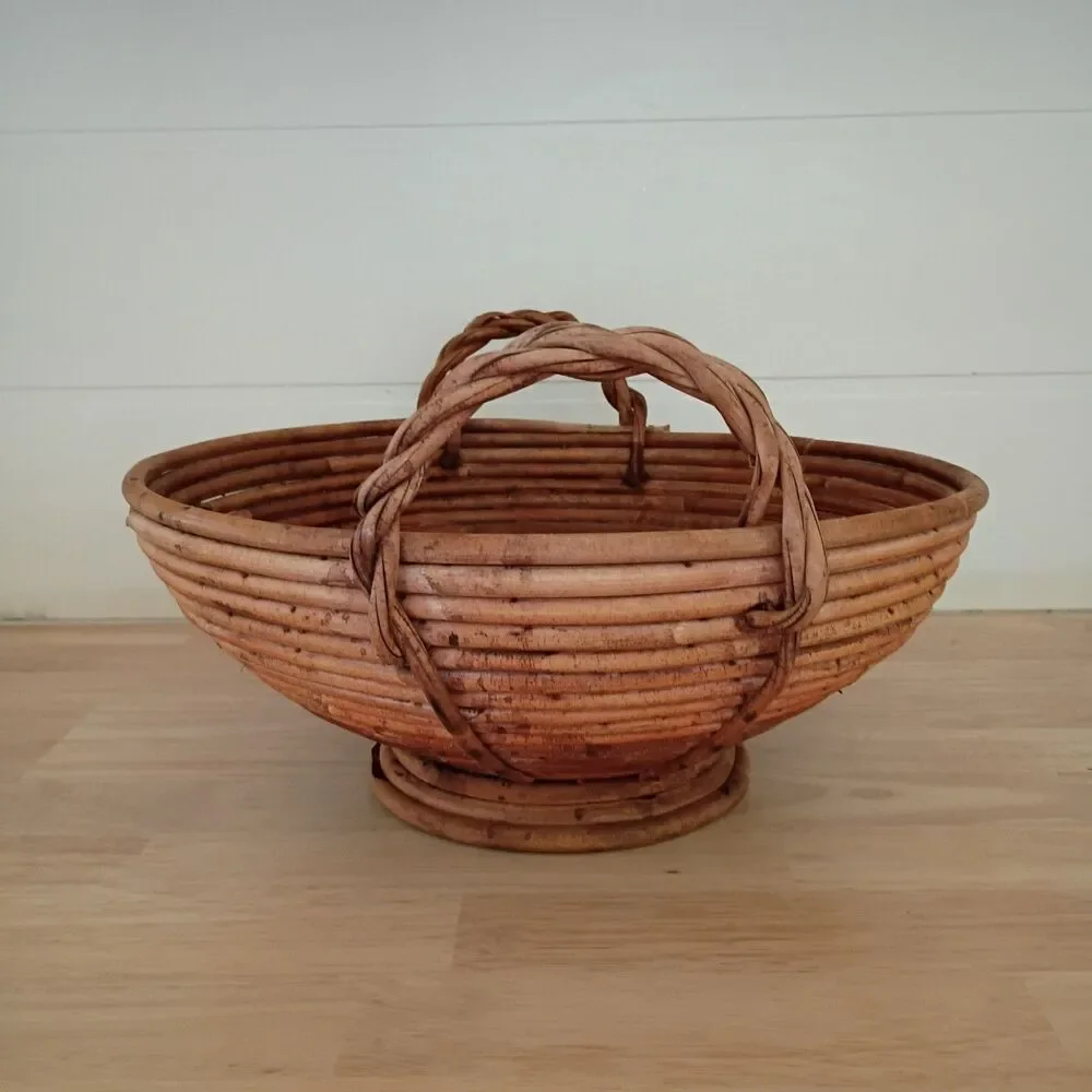 Mid-Century Footed Gabriella Crespi-style Large Pencil Reed Rattan Bowl 14 inch